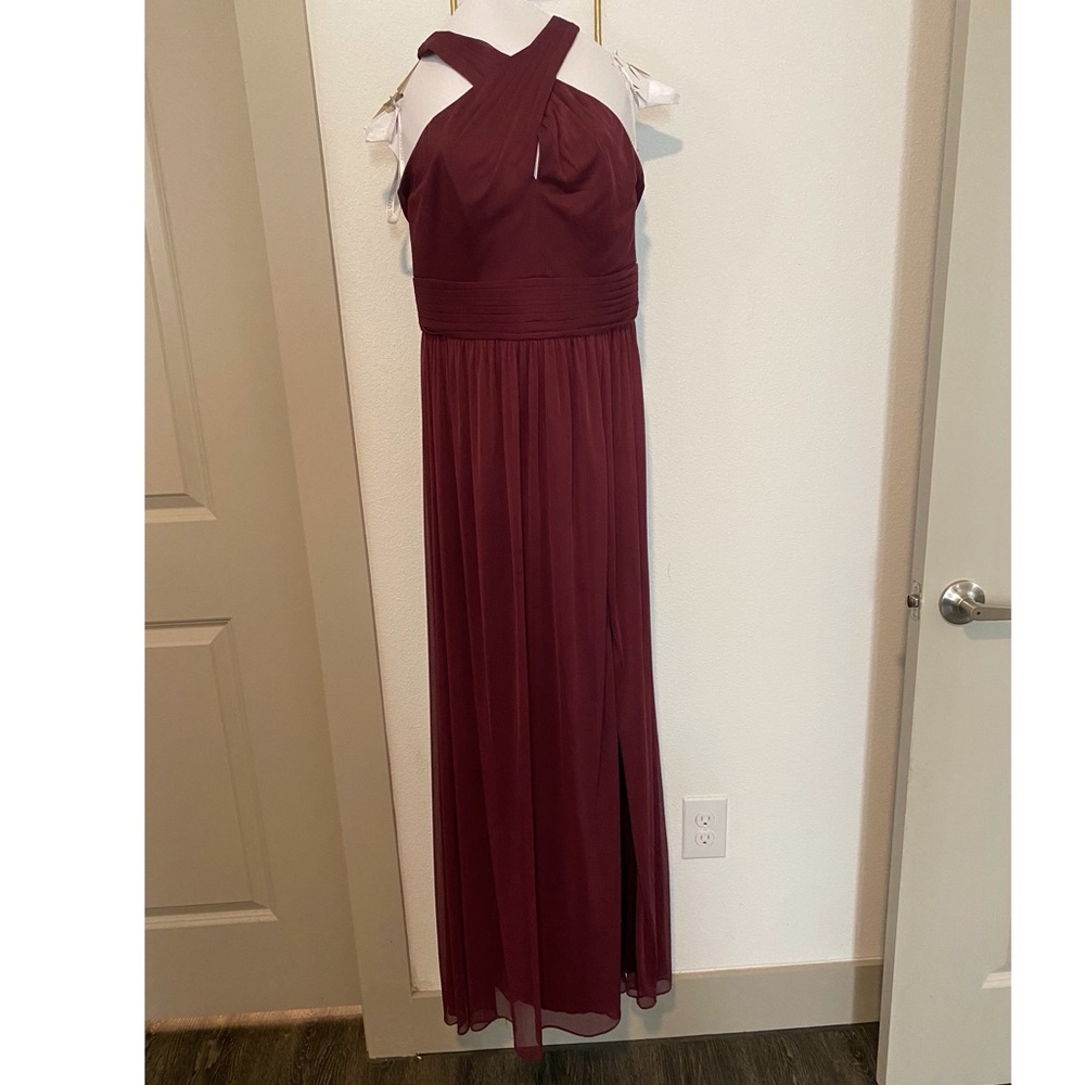 Crisscross High Neck Mesh Bridesmaid Dress - F19952 - Wine Color